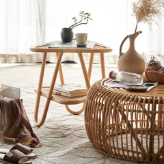 Modern Round Rattan Coffee Table & Triangle Side Table – Elegant and Durable Design htzm-1528