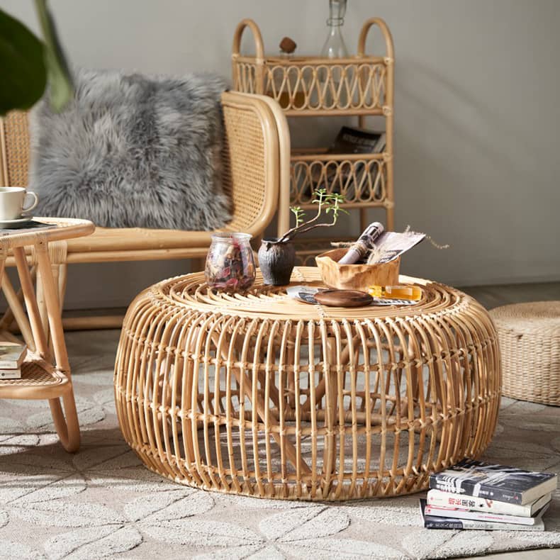 Modern Round Rattan Coffee Table & Triangle Side Table – Elegant and Durable Design htzm-1528