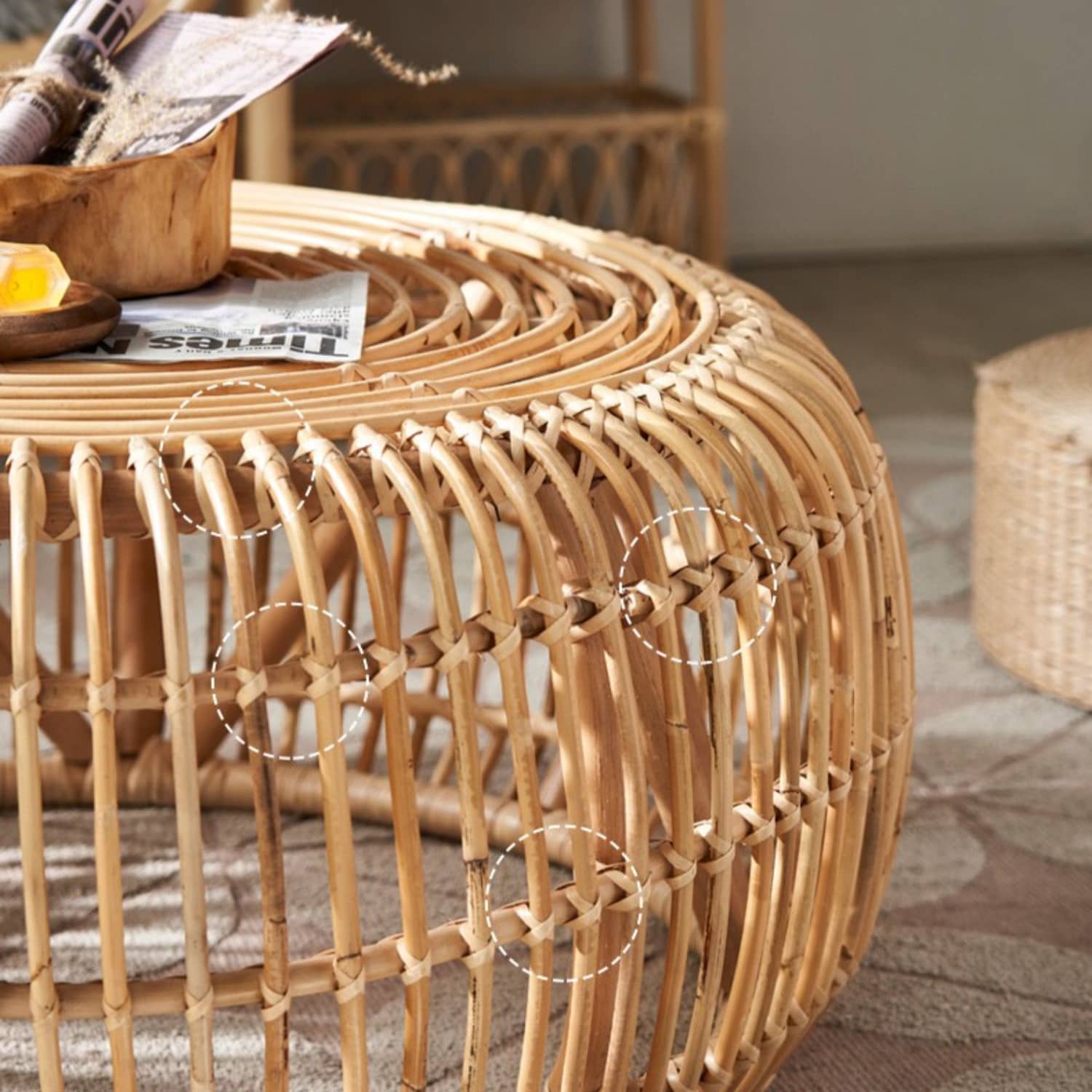 Modern Round Rattan Coffee Table & Triangle Side Table – Elegant and Durable Design htzm-1528