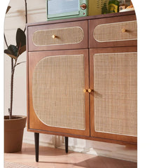 Stylish Brown Ash Wood Cabinet with Elegant Rattan Accents htzm-1529