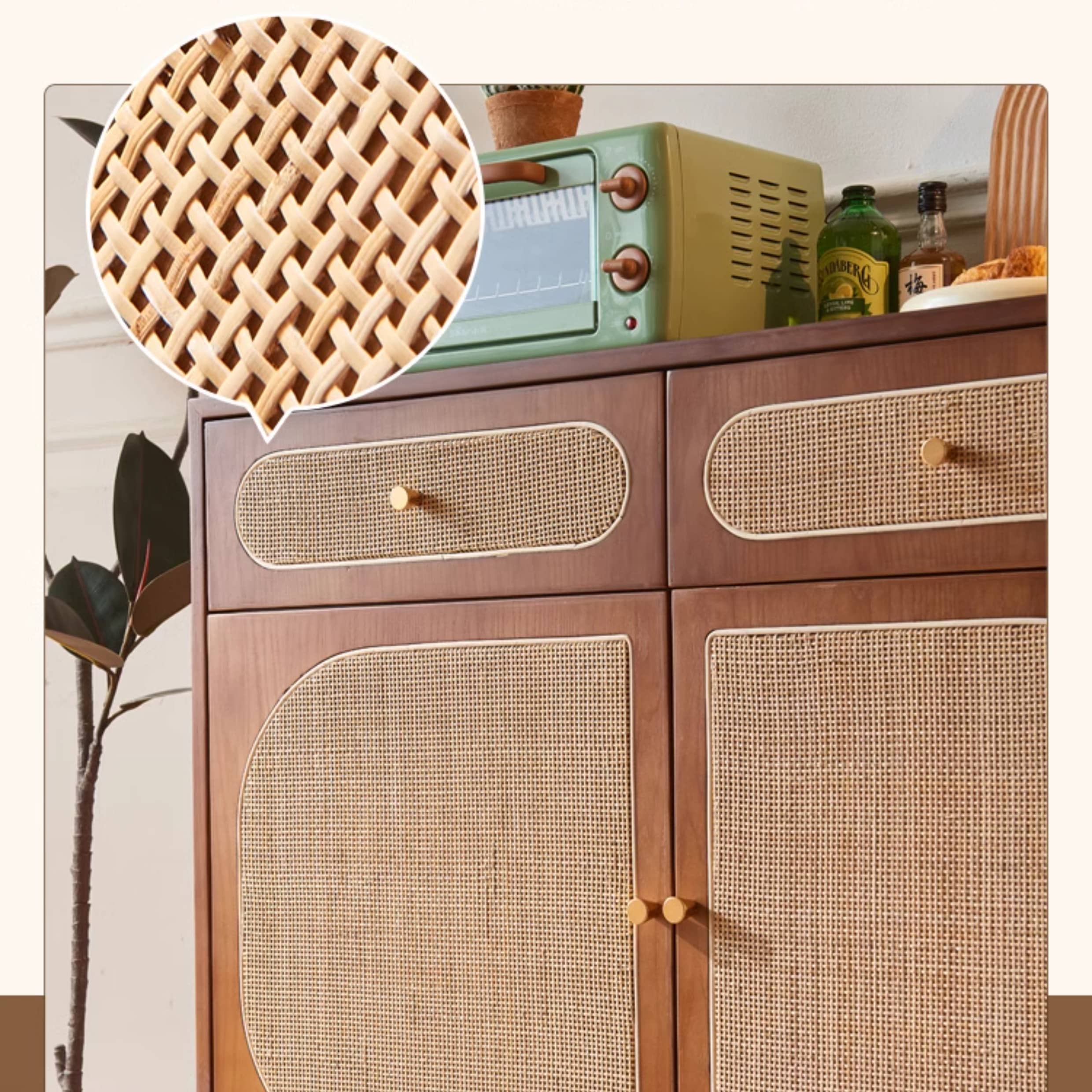 Stylish Brown Ash Wood Cabinet with Elegant Rattan Accents htzm-1529