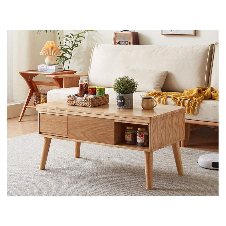 Modern Rectangular Oak Wood Coffee Table in Natural Wood Color - Drawer Storage for Your LIvingroom hx-1567