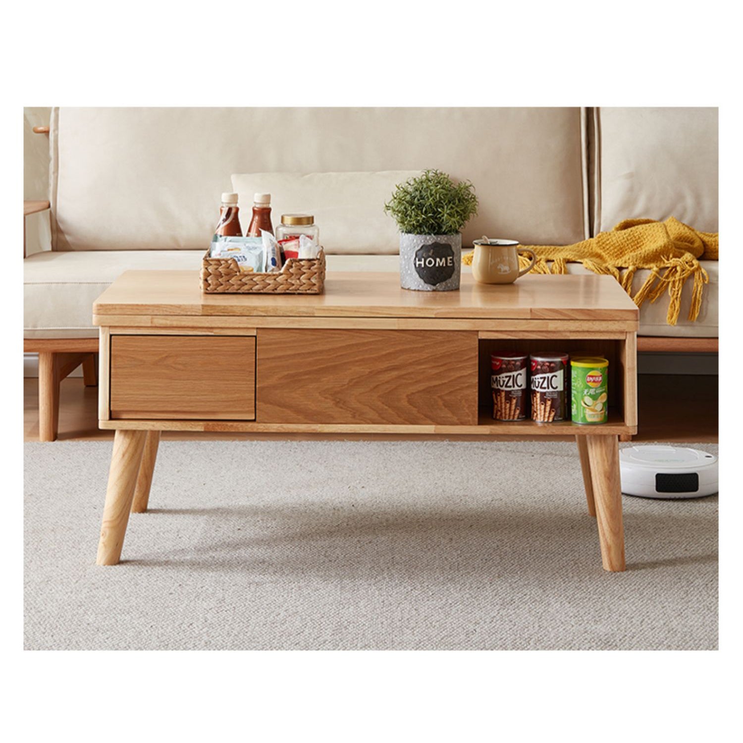 Modern Rectangular Oak Wood Coffee Table in Natural Wood Color - Drawer Storage for Your LIvingroom hx-1567