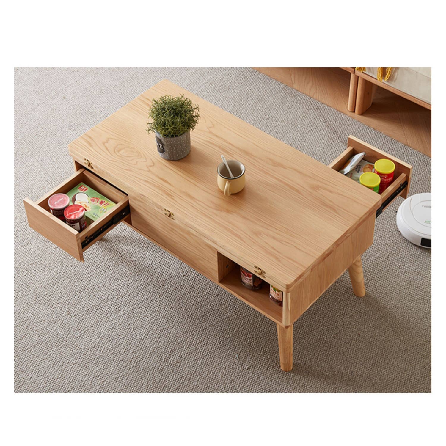 Modern Rectangular Oak Wood Coffee Table in Natural Wood Color - Drawer Storage for Your LIvingroom hx-1567