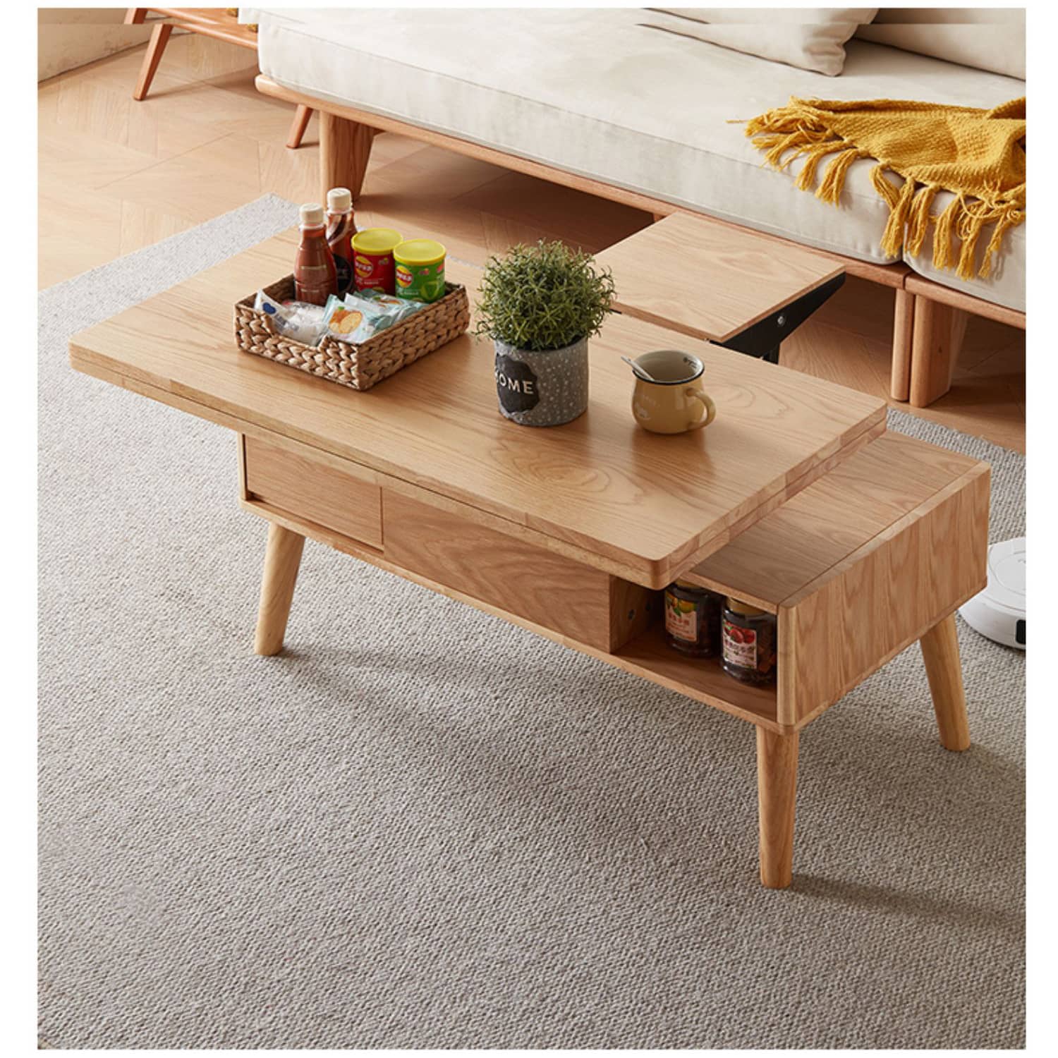 Modern Rectangular Oak Wood Coffee Table in Natural Wood Color - Drawer Storage for Your LIvingroom hx-1567