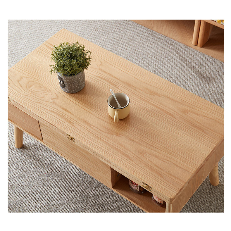 Modern Rectangular Oak Wood Coffee Table in Natural Wood Color - Drawer Storage for Your LIvingroom hx-1567