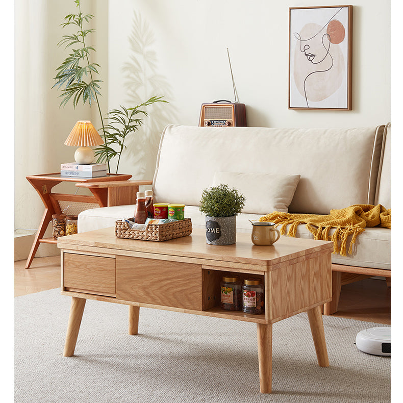 Modern Rectangular Oak Wood Coffee Table in Natural Wood Color - Drawer Storage for Your LIvingroom hx-1567