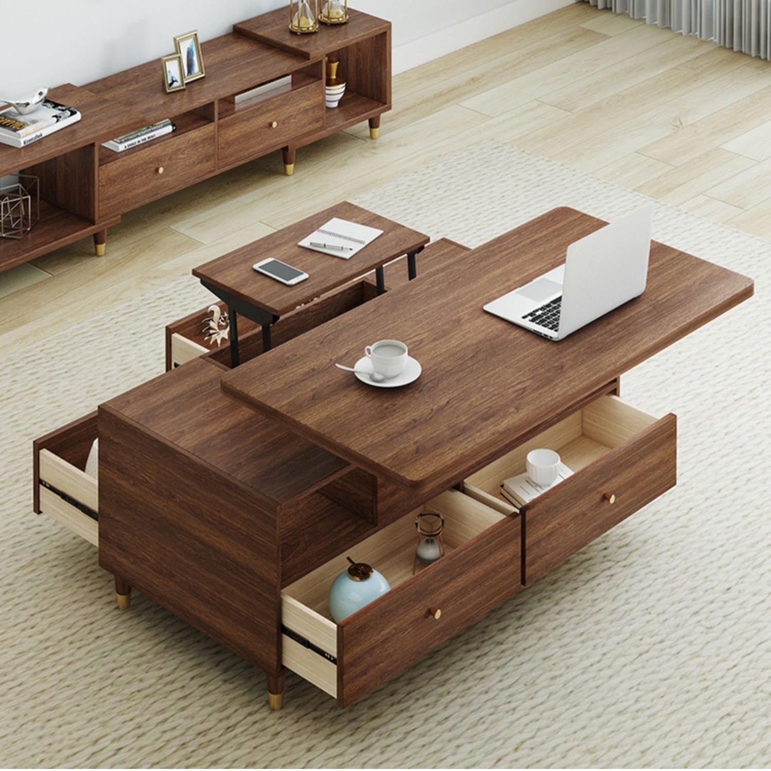 Elegant Oak Wood Rectangular Coffee Table with Lift-Top & Storage - Modern For LIvingroom hx-1568