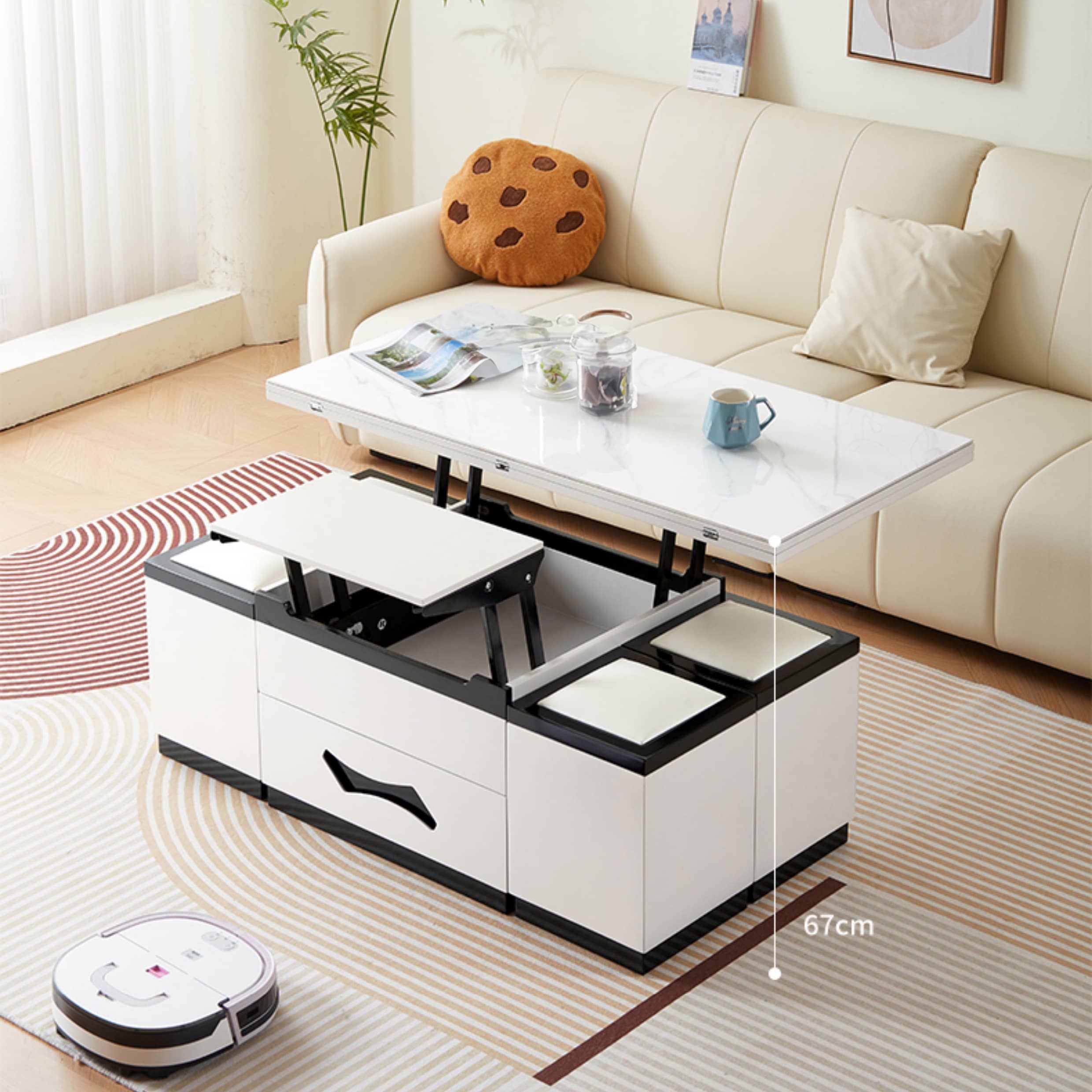 Modern Rectangular Lift-Top Coffee Table Set & 4 Ottomans with Storage hx-1578