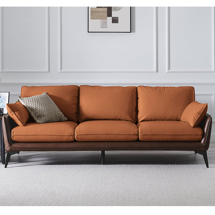 Modern Camel Brown Faux Leather Sofa with Light Gray Cotton Cushions and Birch Wood Frame hxcyj-1336