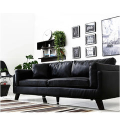 Luxurious Black Faux Leather Sofa with Light Brown Birch Wood Accents hxcyj-1347