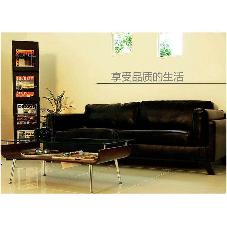 Luxurious Black Faux Leather Sofa with Light Brown Birch Wood Accents hxcyj-1347