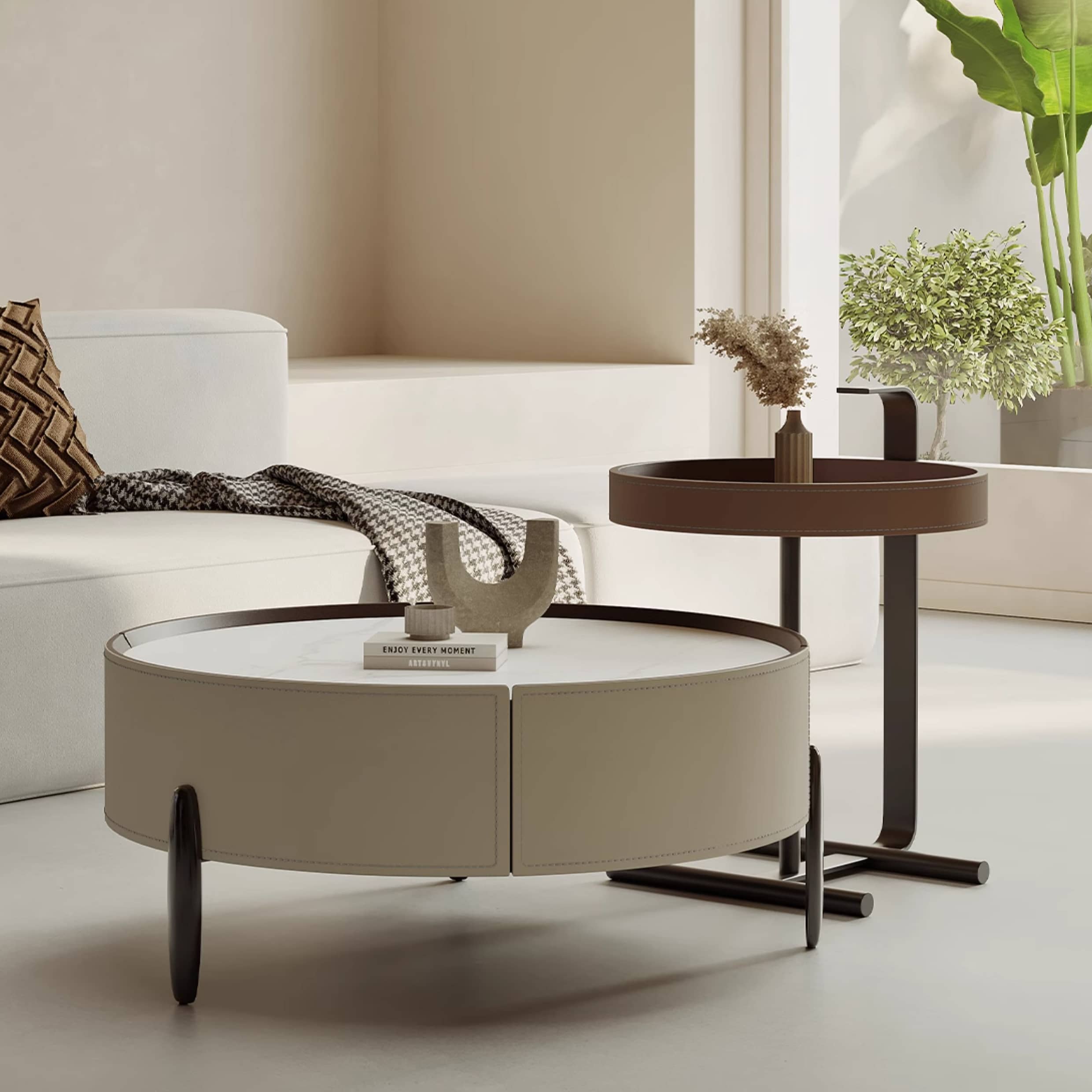 Solid Wood Coffee Table with Sintered Stone Top and Faux Leather Accents hxj-2703