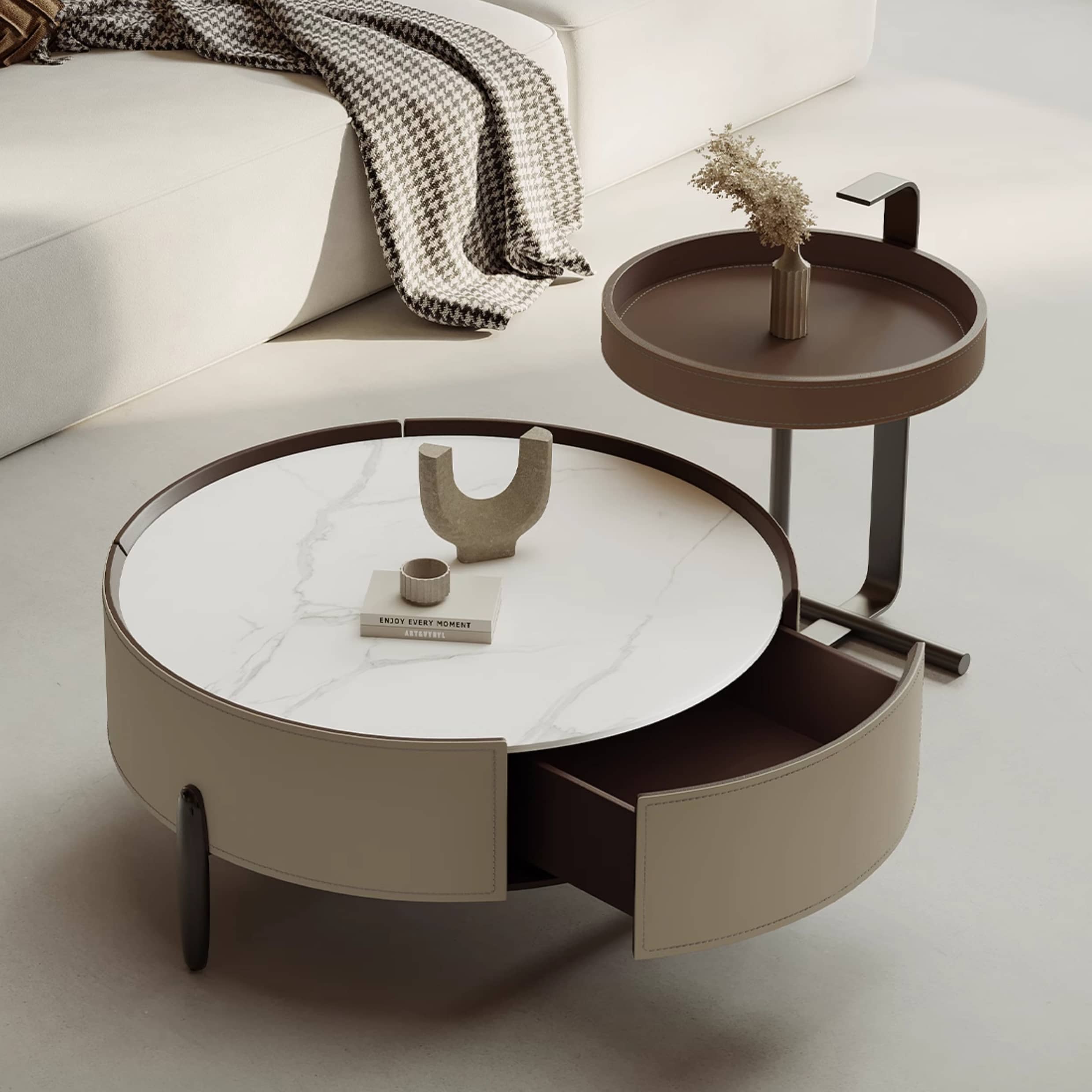 Solid Wood Coffee Table with Sintered Stone Top and Faux Leather Accents hxj-2703