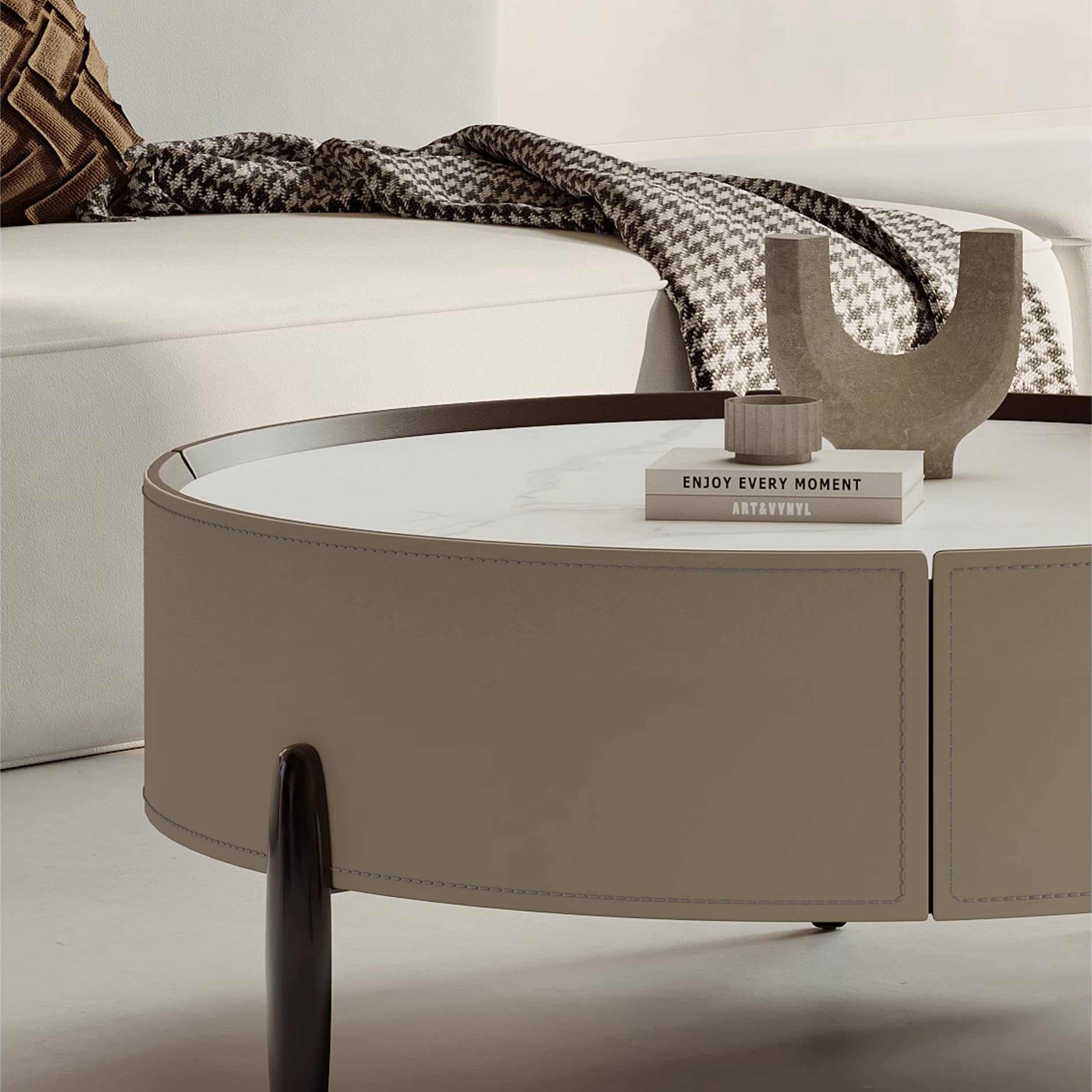 Solid Wood Coffee Table with Sintered Stone Top and Faux Leather Accents hxj-2703