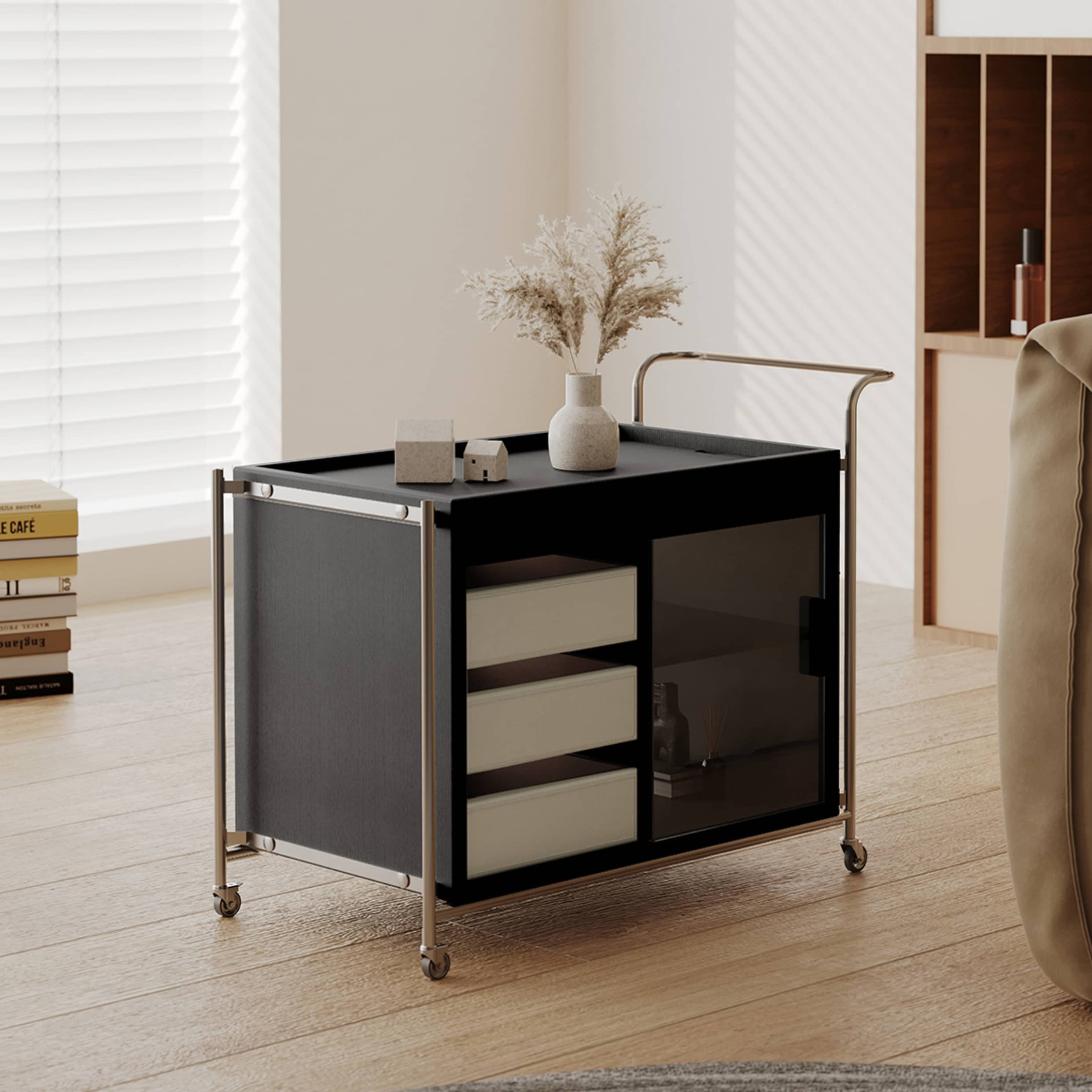 Sleek Stainless Steel Cart with Tempered Glass Shelves and Faux Leather Accents hxj-2706