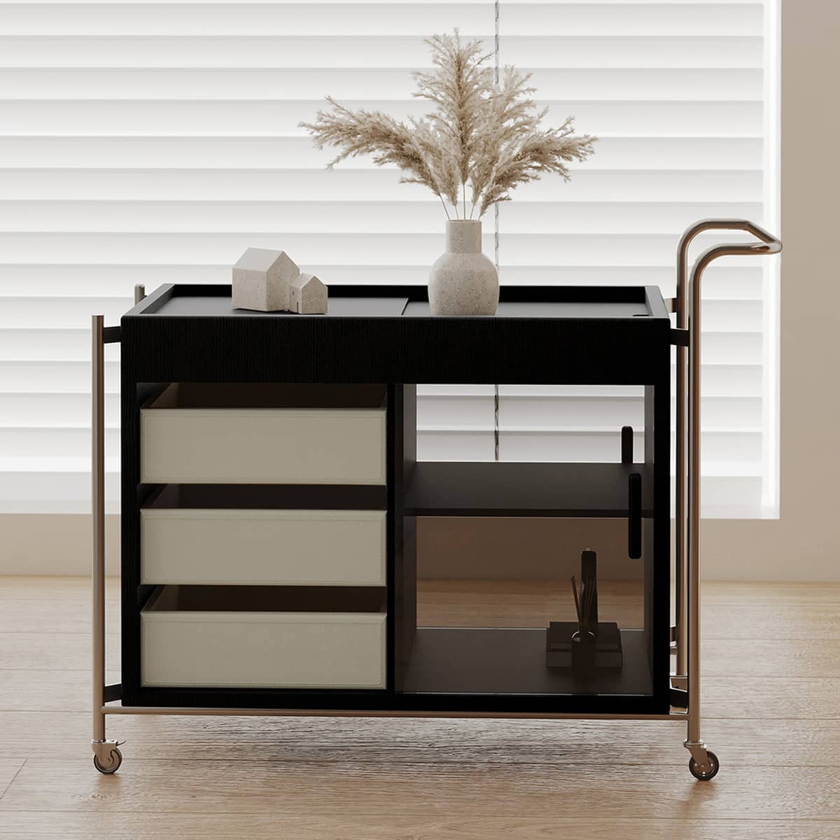 Sleek Stainless Steel Cart with Tempered Glass Shelves and Faux Leather Accents hxj-2706