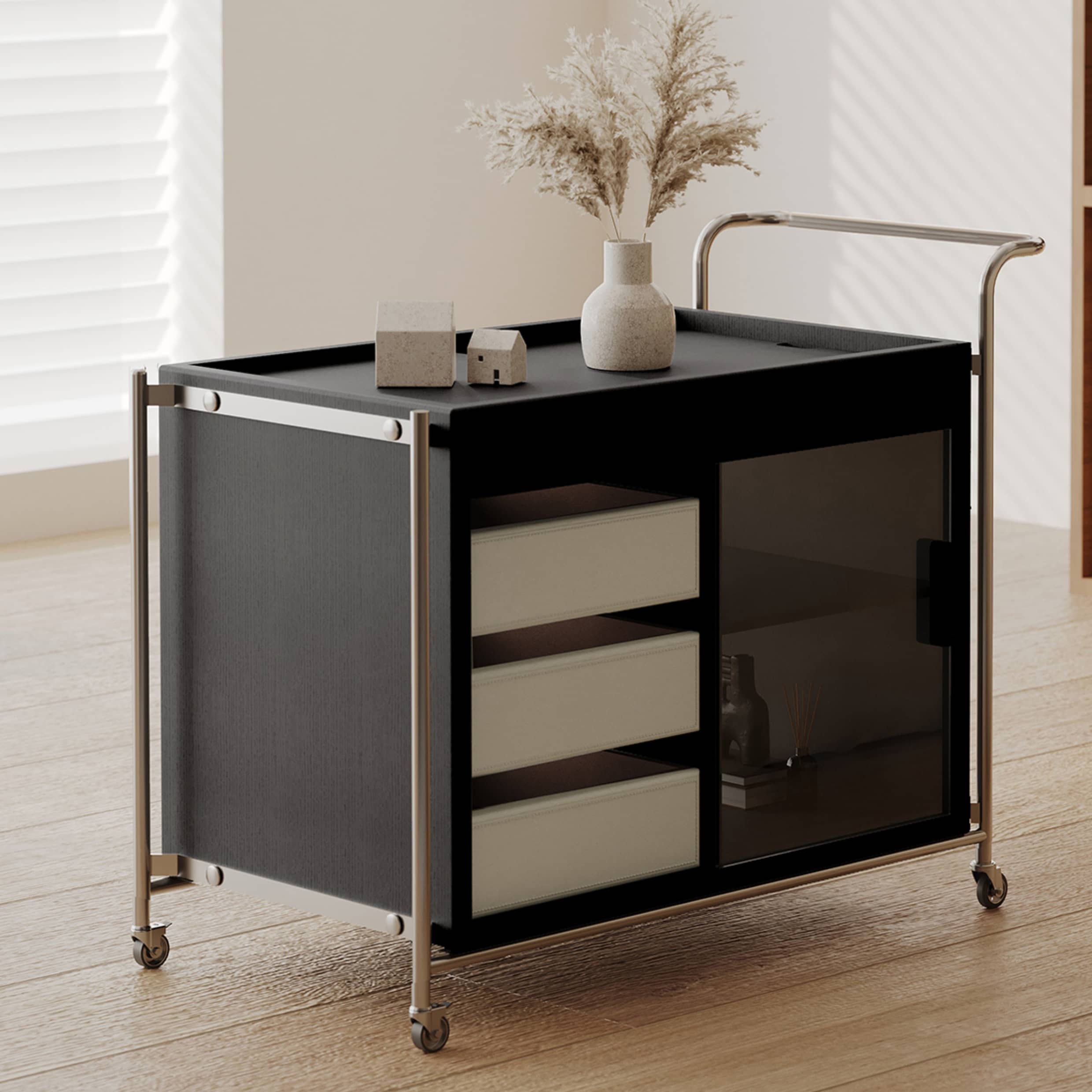 Sleek Stainless Steel Cart with Tempered Glass Shelves and Faux Leather Accents hxj-2706