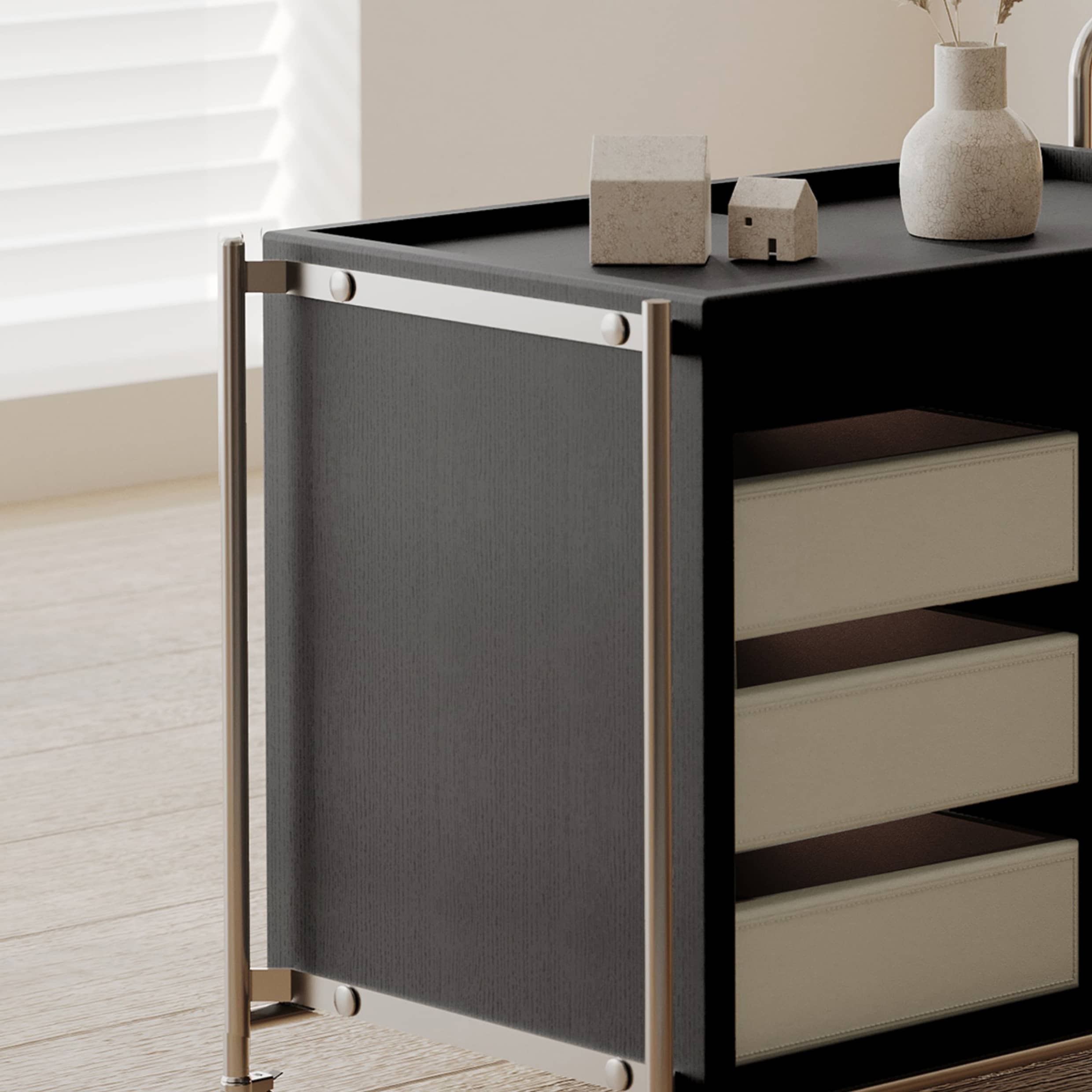 Sleek Stainless Steel Cart with Tempered Glass Shelves and Faux Leather Accents hxj-2706