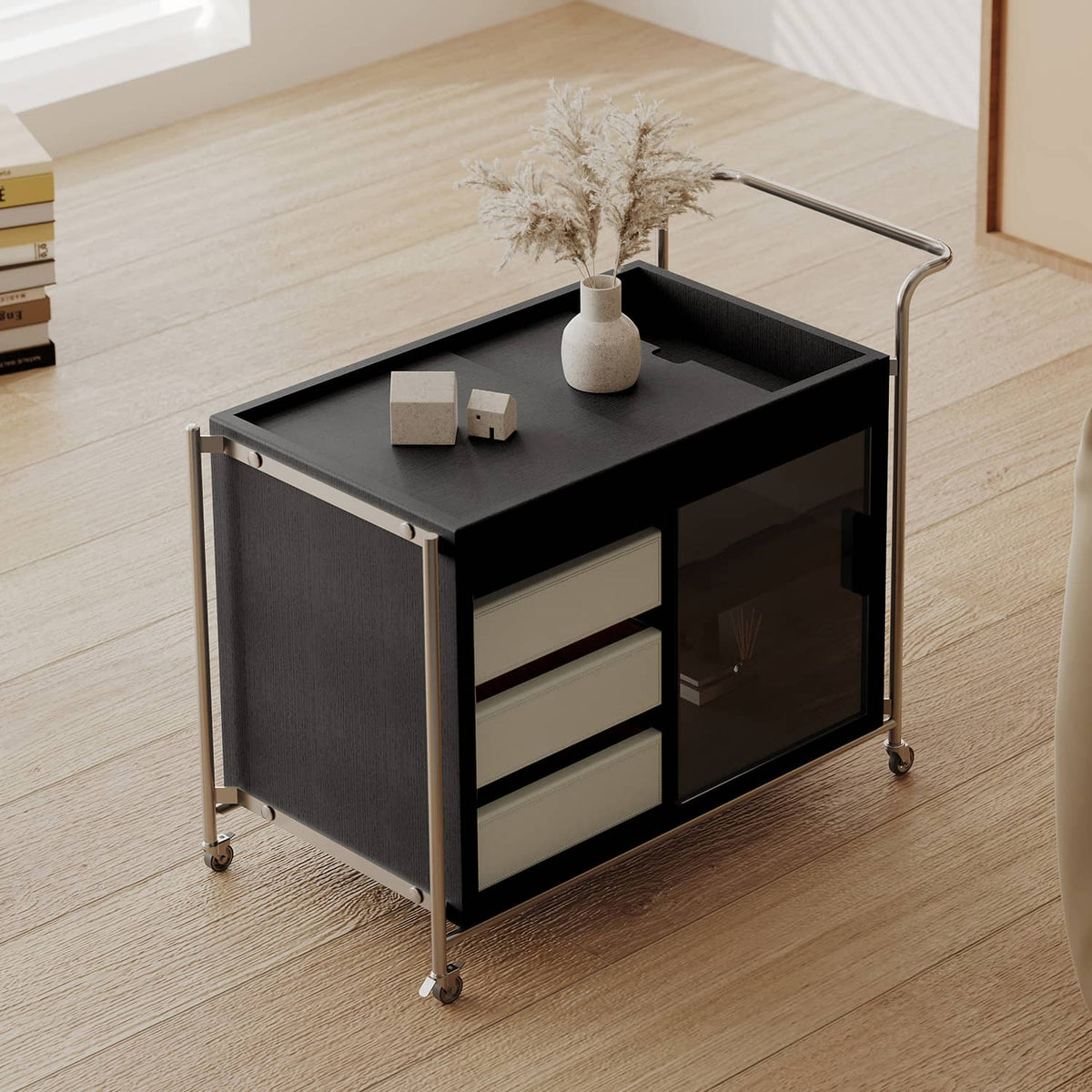 Sleek Stainless Steel Cart with Tempered Glass Shelves and Faux Leather Accents hxj-2706