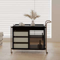 Sleek Stainless Steel Cart with Tempered Glass Shelves and Faux Leather Accents hxj-2706