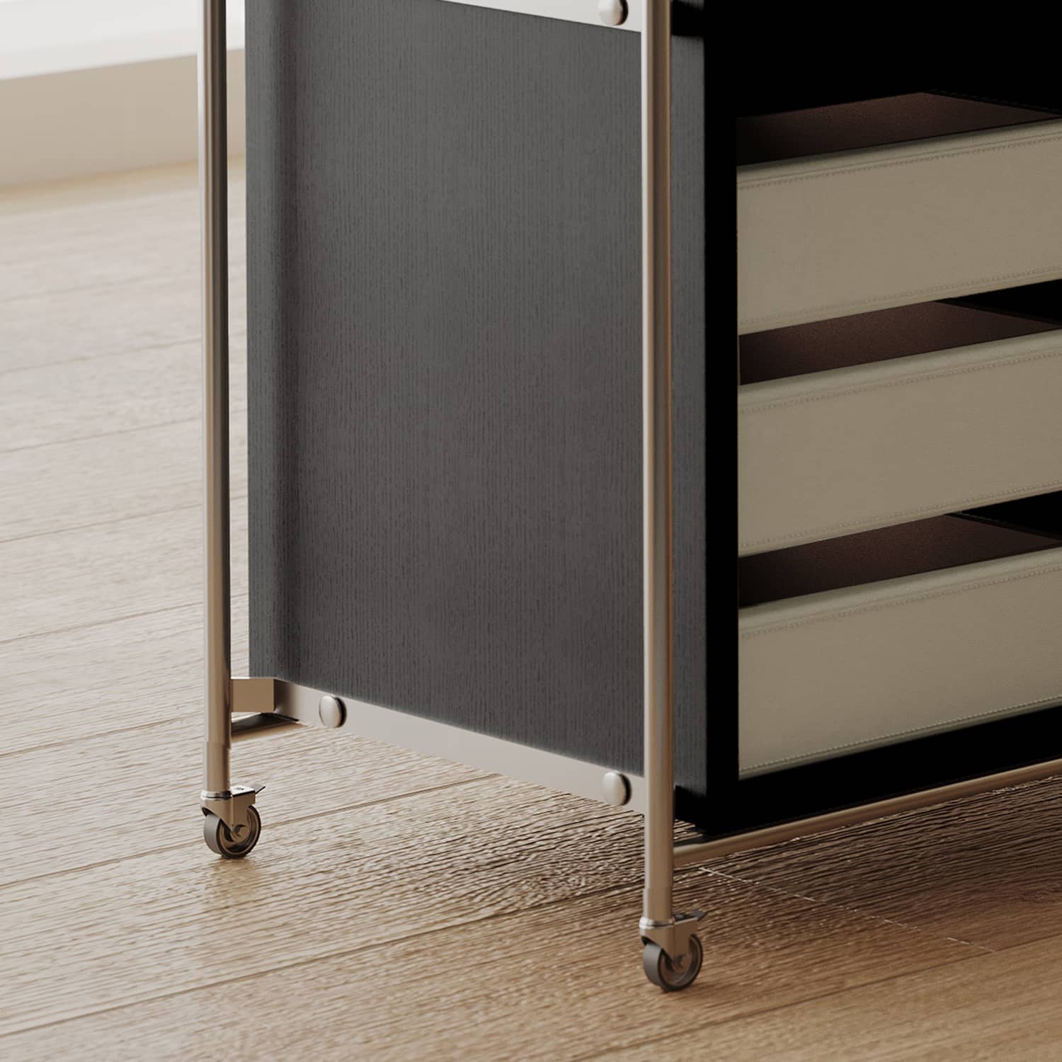 Sleek Stainless Steel Cart with Tempered Glass Shelves and Faux Leather Accents hxj-2706