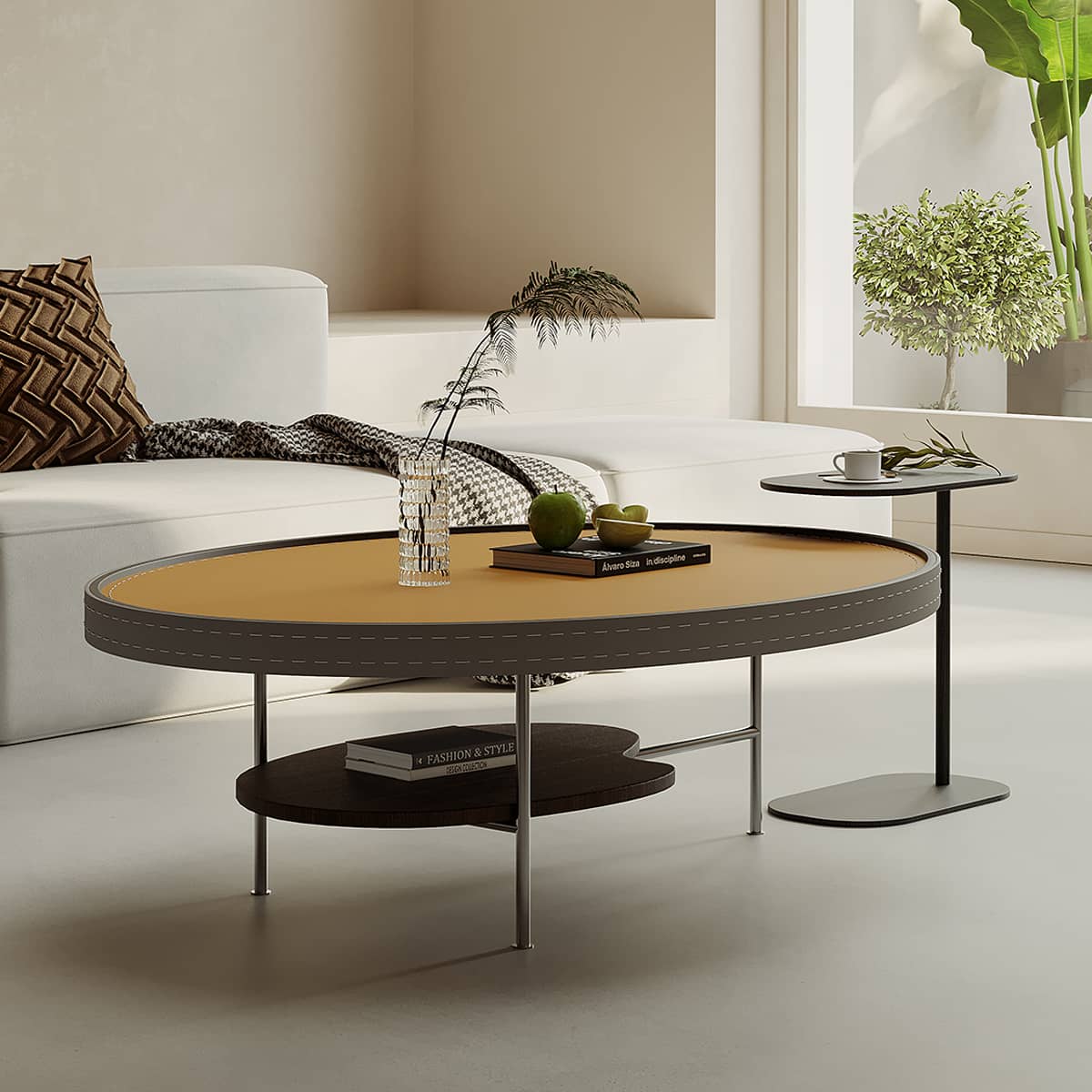 Luxury Faux Leather Coffee Table with Elegant Stainless Steel Frame hxj-2707