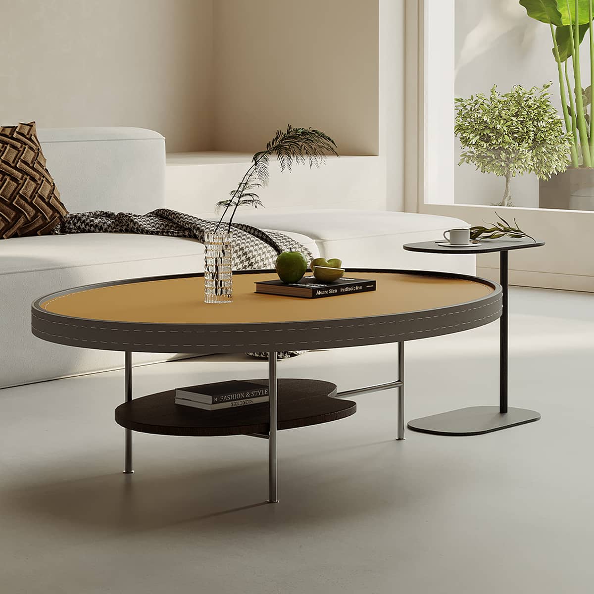 Luxury Faux Leather Coffee Table with Elegant Stainless Steel Frame hxj-2707