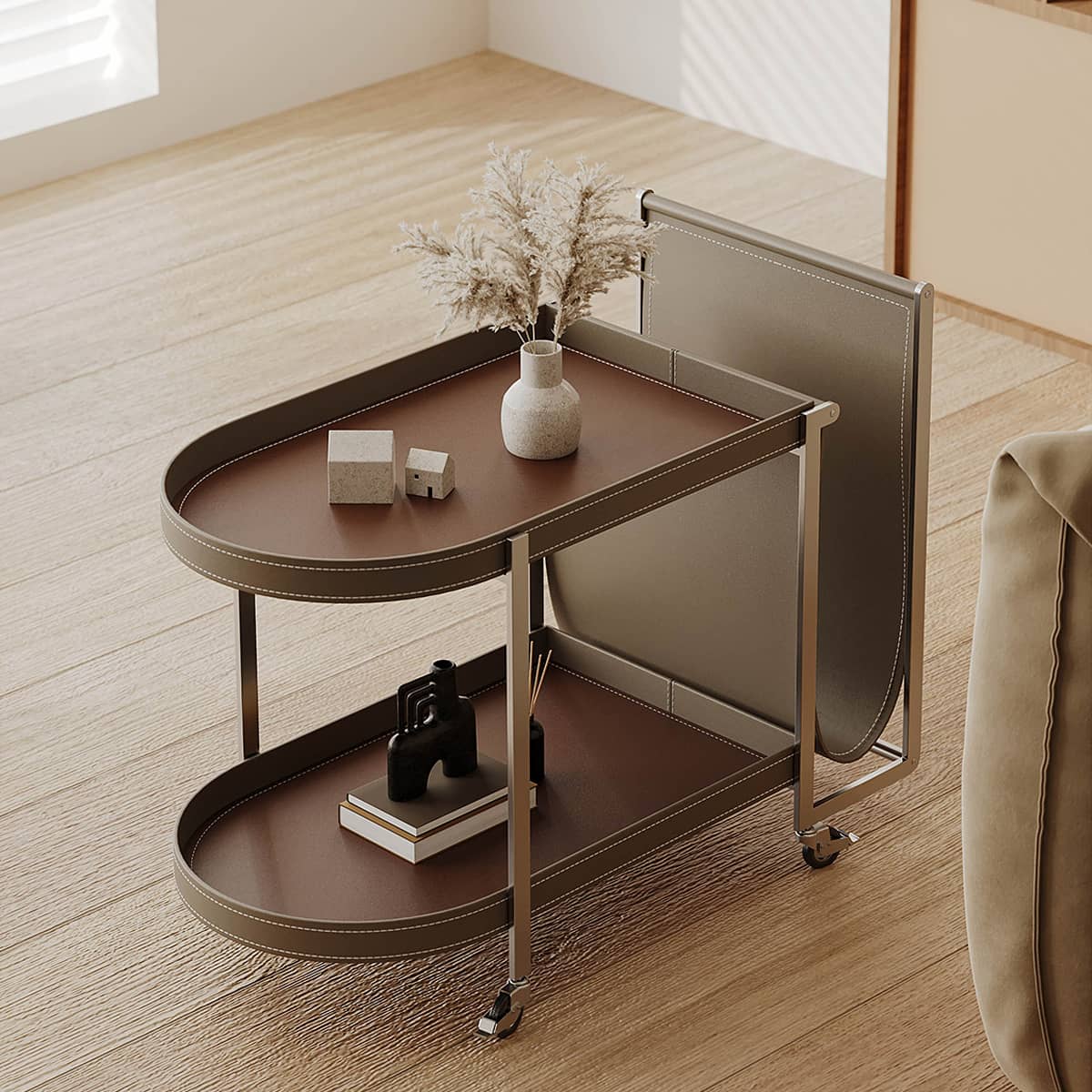 Sleek Faux Leather Stainless Steel Cart - Modern Storage Solution hxj-2708