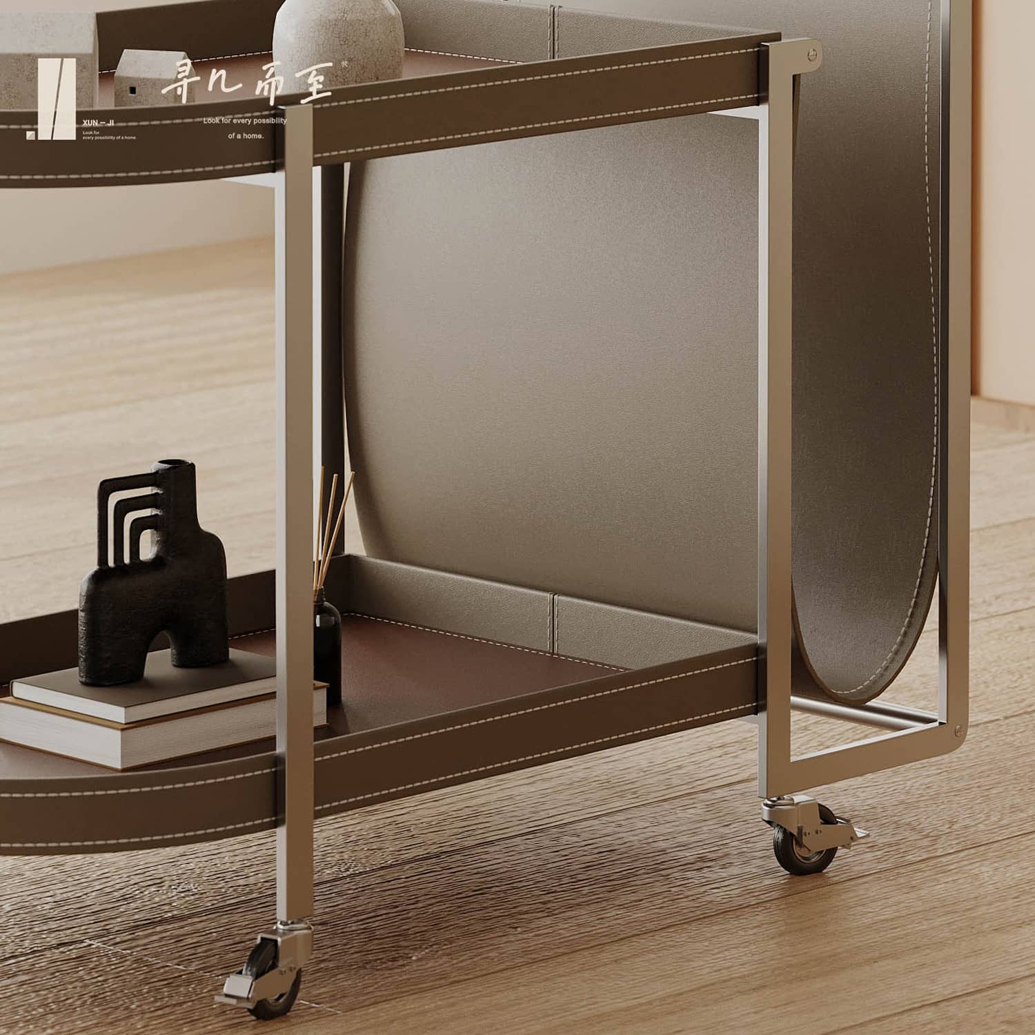 Sleek Faux Leather Stainless Steel Cart - Modern Storage Solution hxj-2708