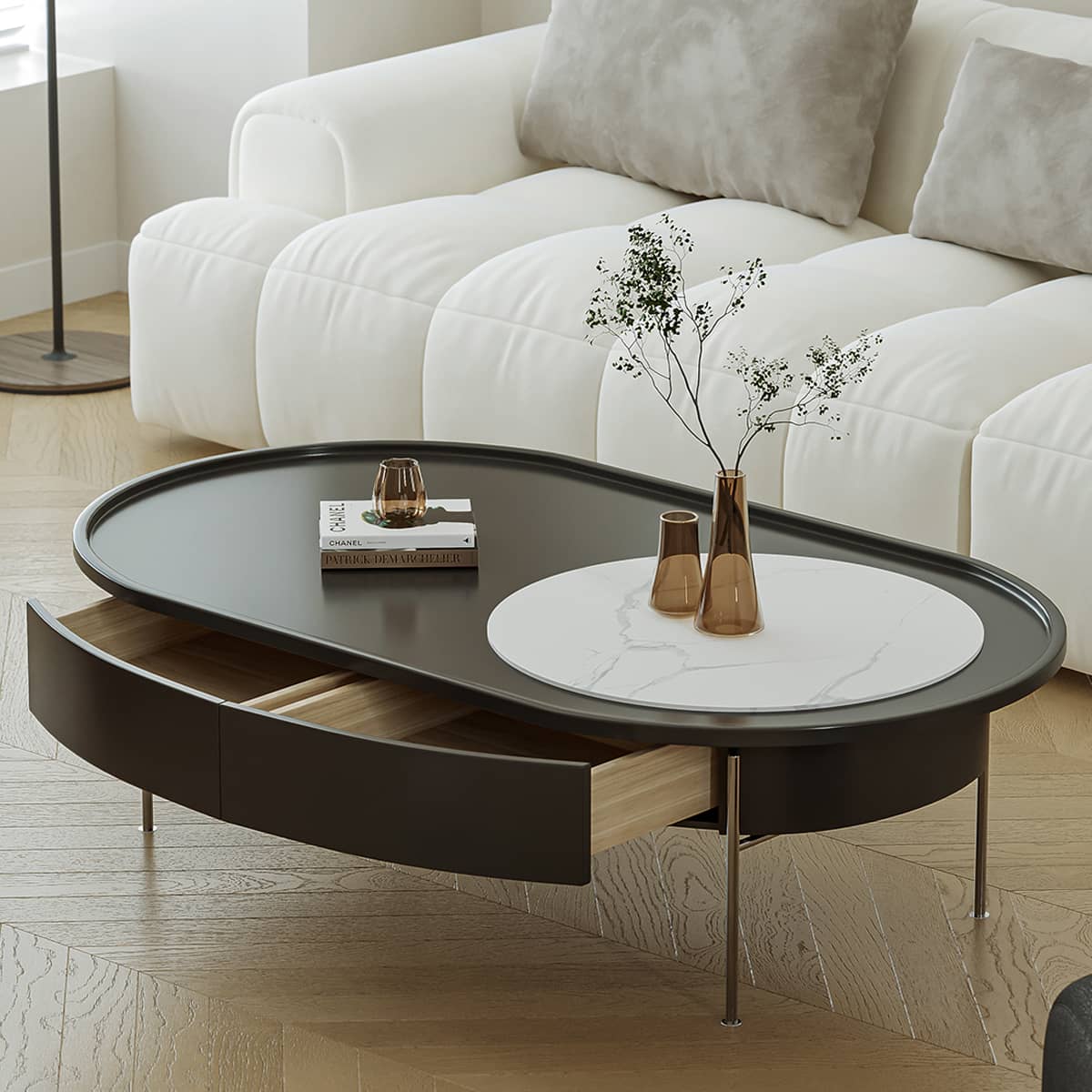 Eco-Friendly Pine Wood Coffee Table with Sintered Stone & Stainless Steel hxj-2709