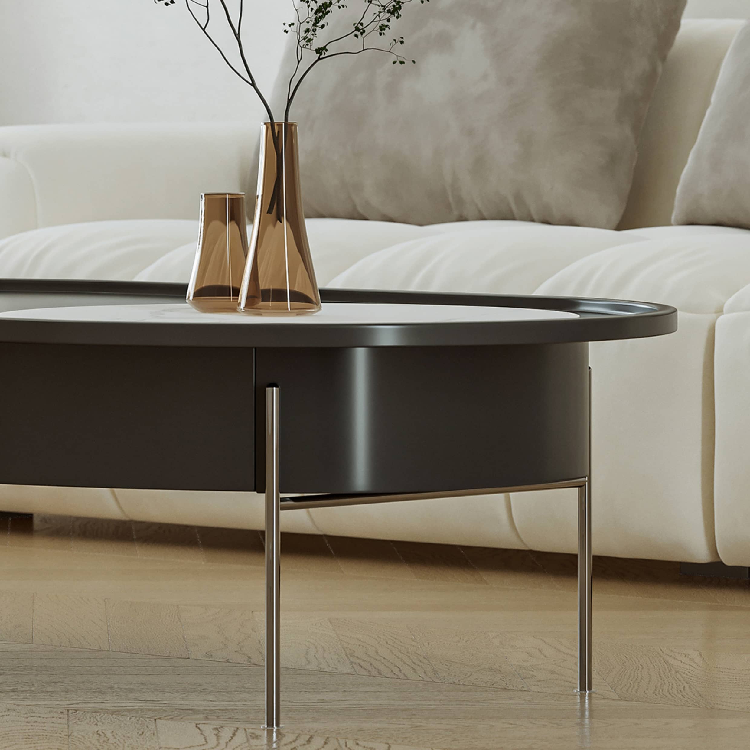 Eco-Friendly Pine Wood Coffee Table with Sintered Stone & Stainless Steel hxj-2709