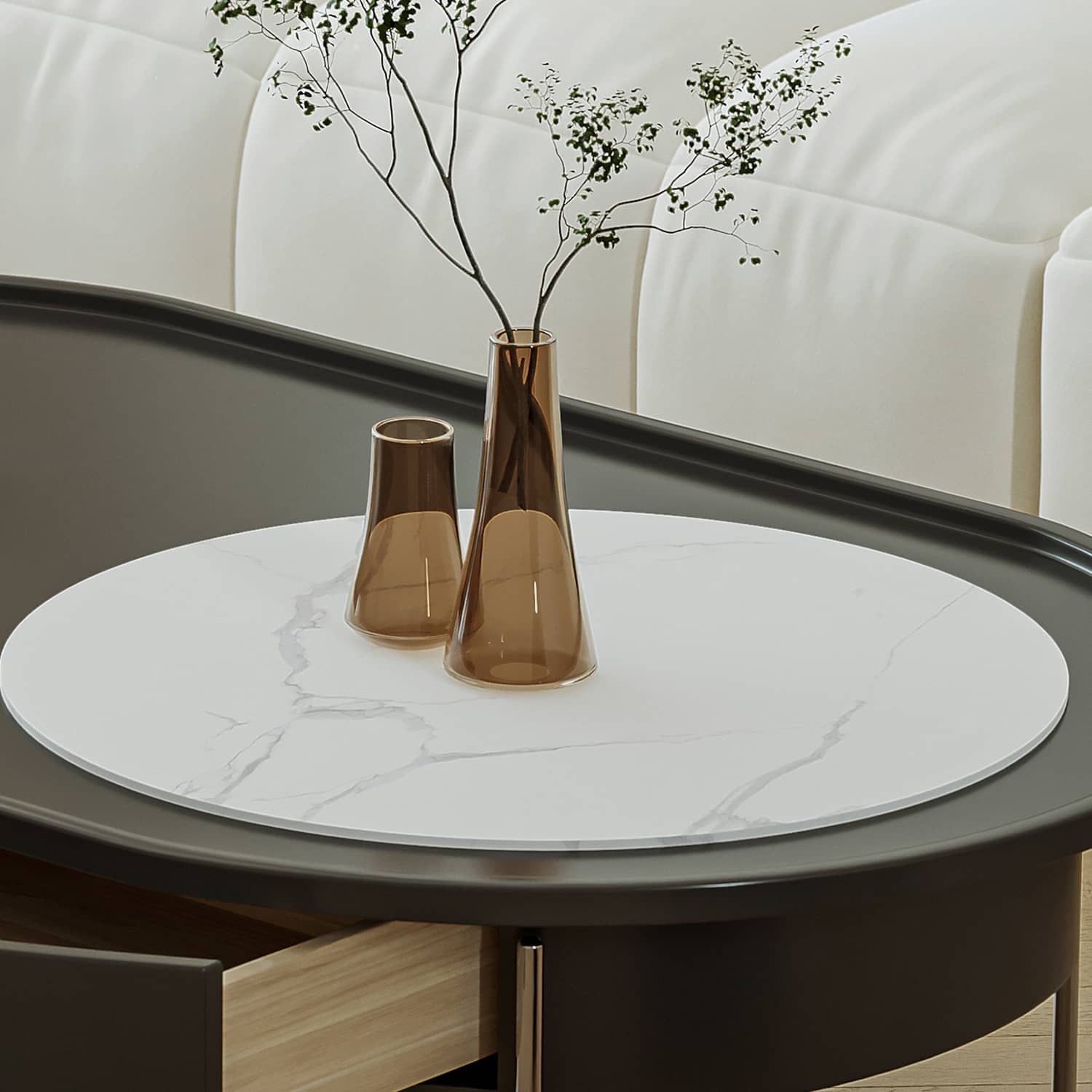 Eco-Friendly Pine Wood Coffee Table with Sintered Stone & Stainless Steel hxj-2709