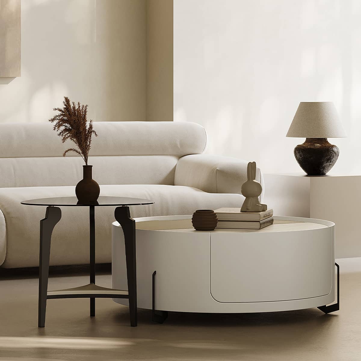 Modern Coffee Table - Sintered Stone Top, Carbon Steel Frame, Faux Leather Accents, Tempered Glass Shelf hxj-2729