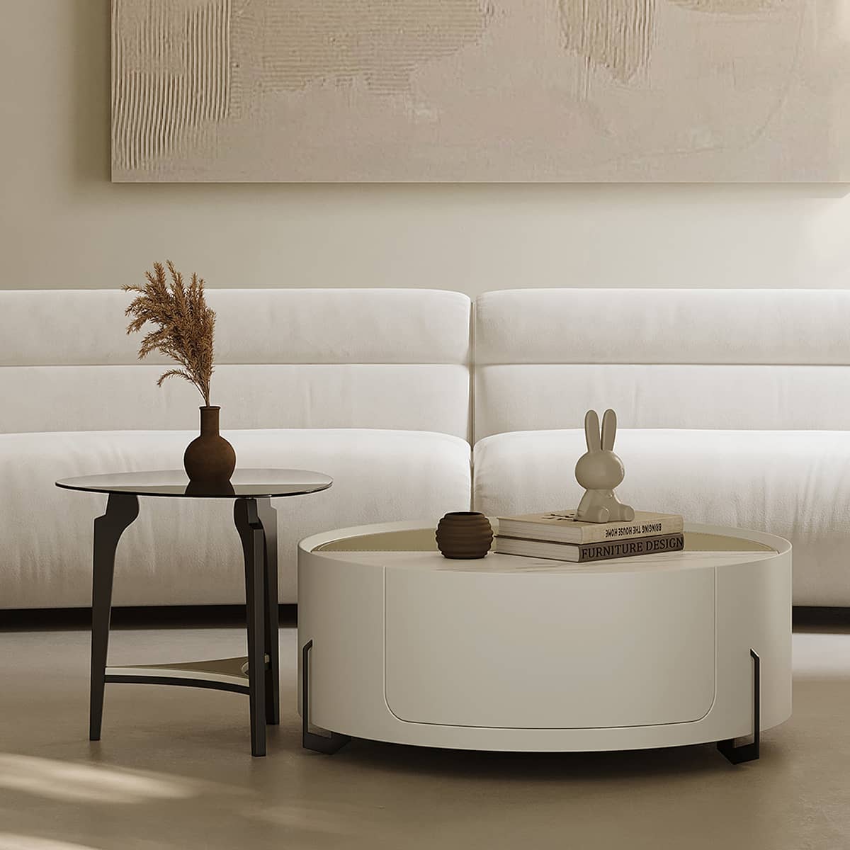 Modern Coffee Table - Sintered Stone Top, Carbon Steel Frame, Faux Leather Accents, Tempered Glass Shelf hxj-2729