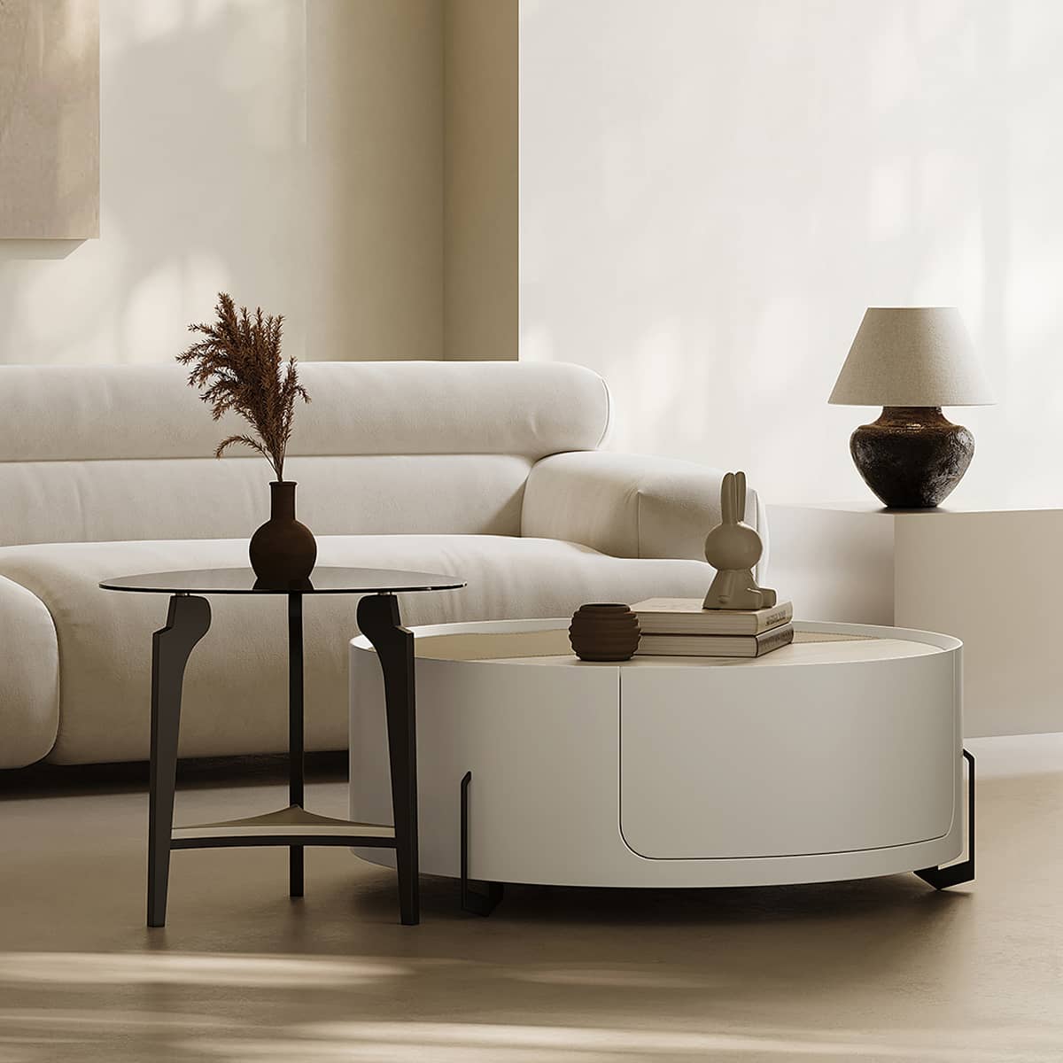 Modern Coffee Table - Sintered Stone Top, Carbon Steel Frame, Faux Leather Accents, Tempered Glass Shelf hxj-2729