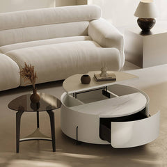 Modern Coffee Table - Sintered Stone Top, Carbon Steel Frame, Faux Leather Accents, Tempered Glass Shelf hxj-2729