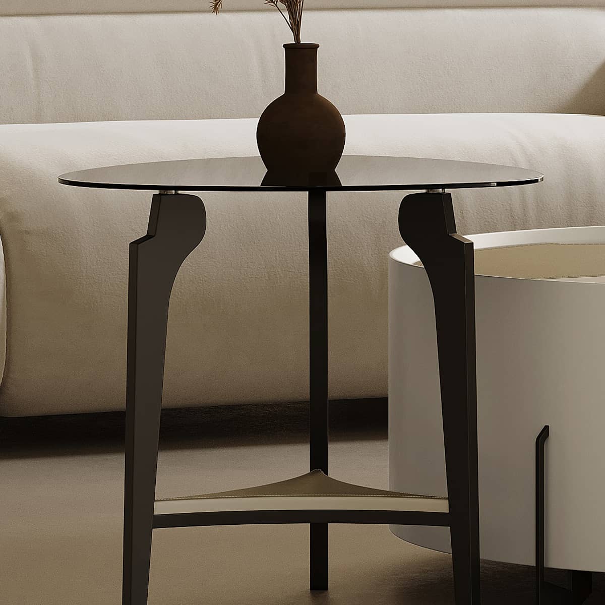 Modern Coffee Table - Sintered Stone Top, Carbon Steel Frame, Faux Leather Accents, Tempered Glass Shelf hxj-2729