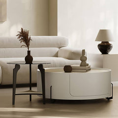 Modern Coffee Table - Sintered Stone Top, Carbon Steel Frame, Faux Leather Accents, Tempered Glass Shelf hxj-2729