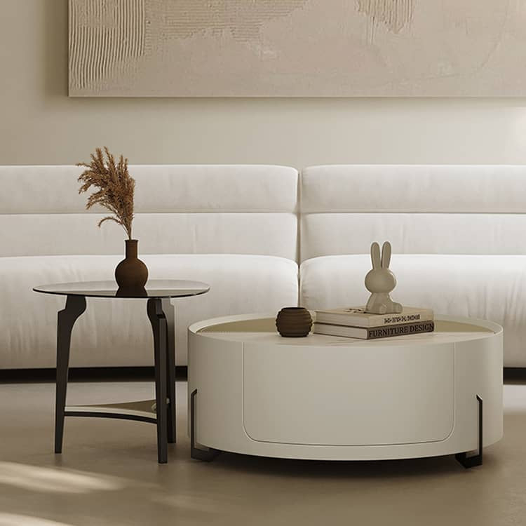 Modern Coffee Table - Sintered Stone Top, Carbon Steel Frame, Faux Leather Accents, Tempered Glass Shelf hxj-2729