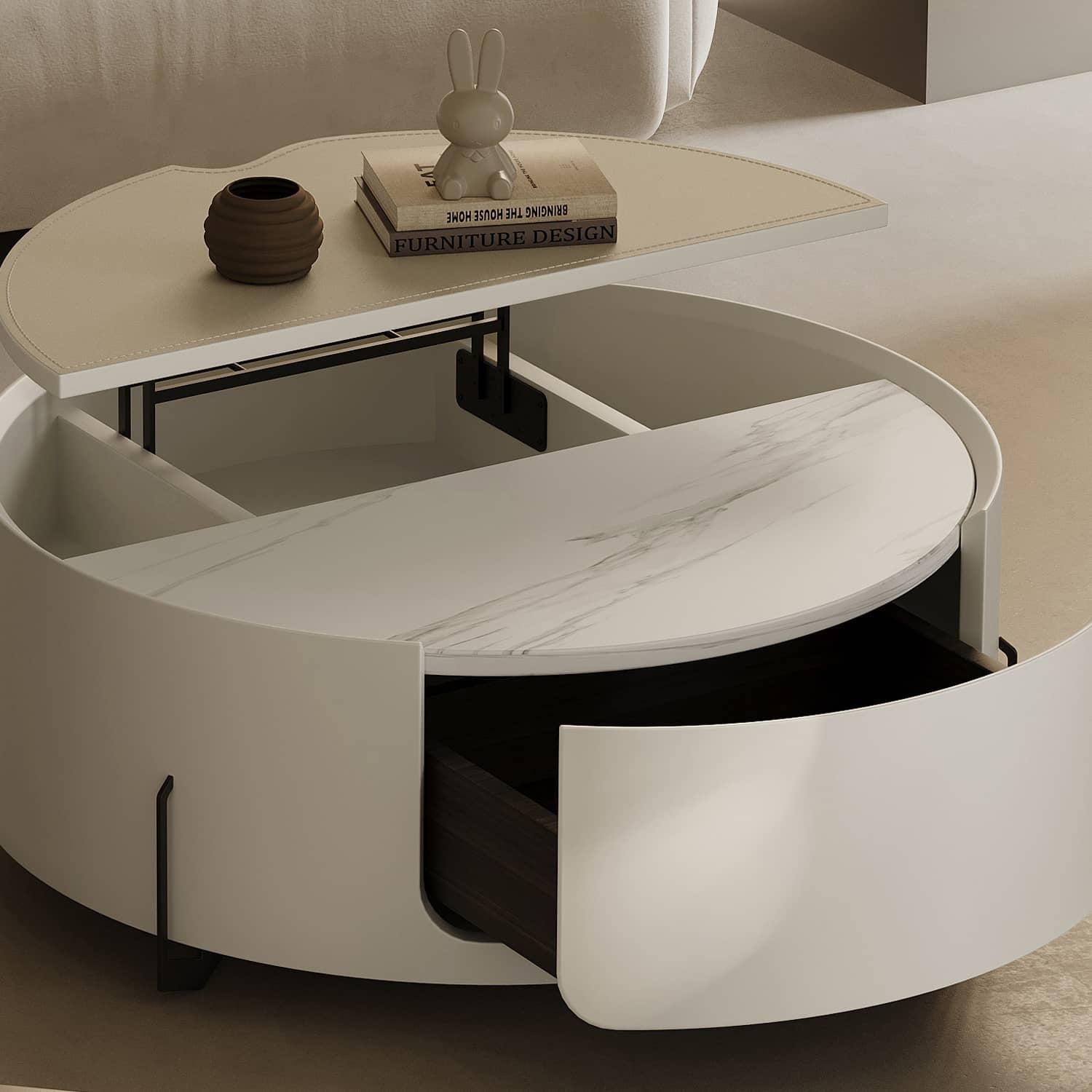 Modern Coffee Table - Sintered Stone Top, Carbon Steel Frame, Faux Leather Accents, Tempered Glass Shelf hxj-2729