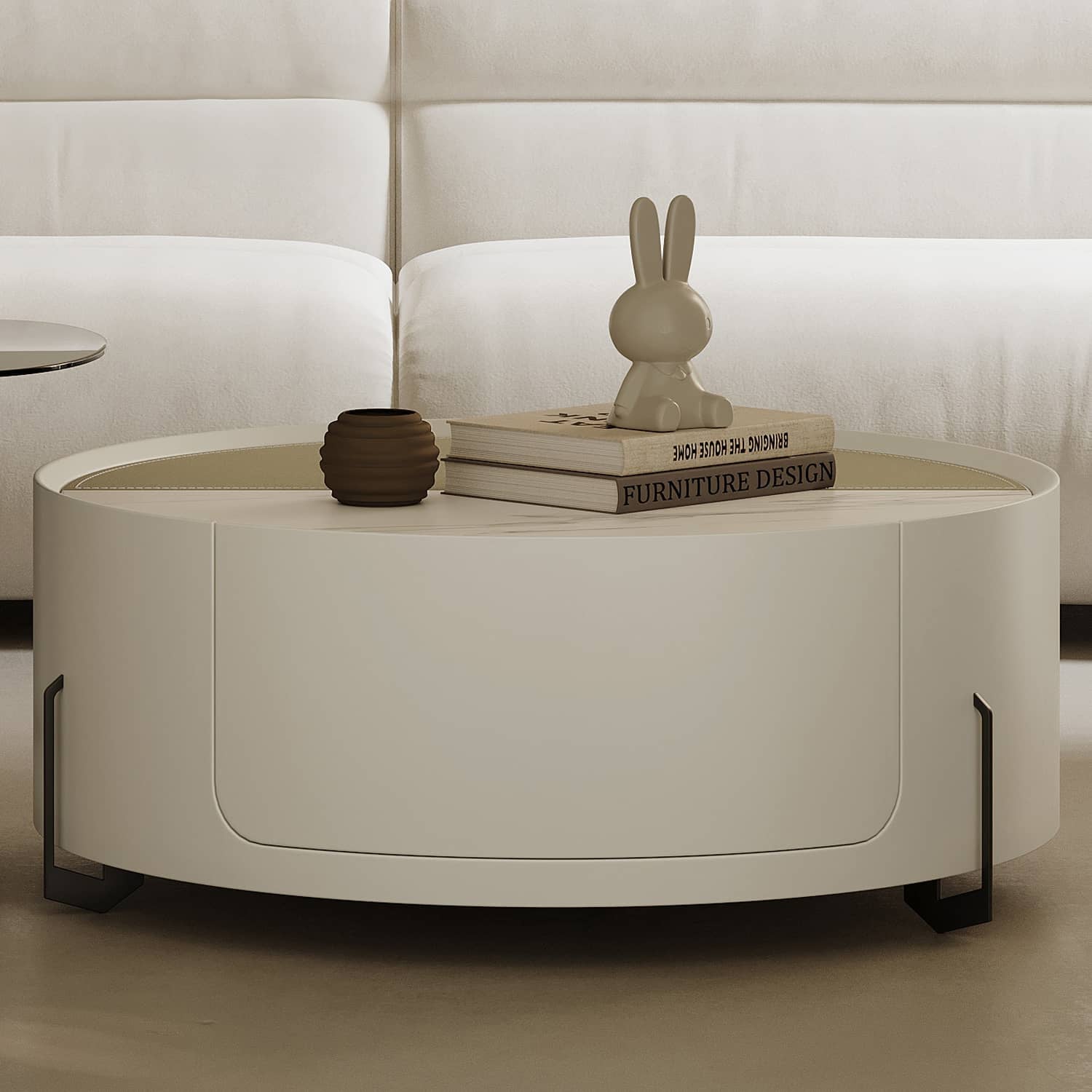 Modern Coffee Table - Sintered Stone Top, Carbon Steel Frame, Faux Leather Accents, Tempered Glass Shelf hxj-2729