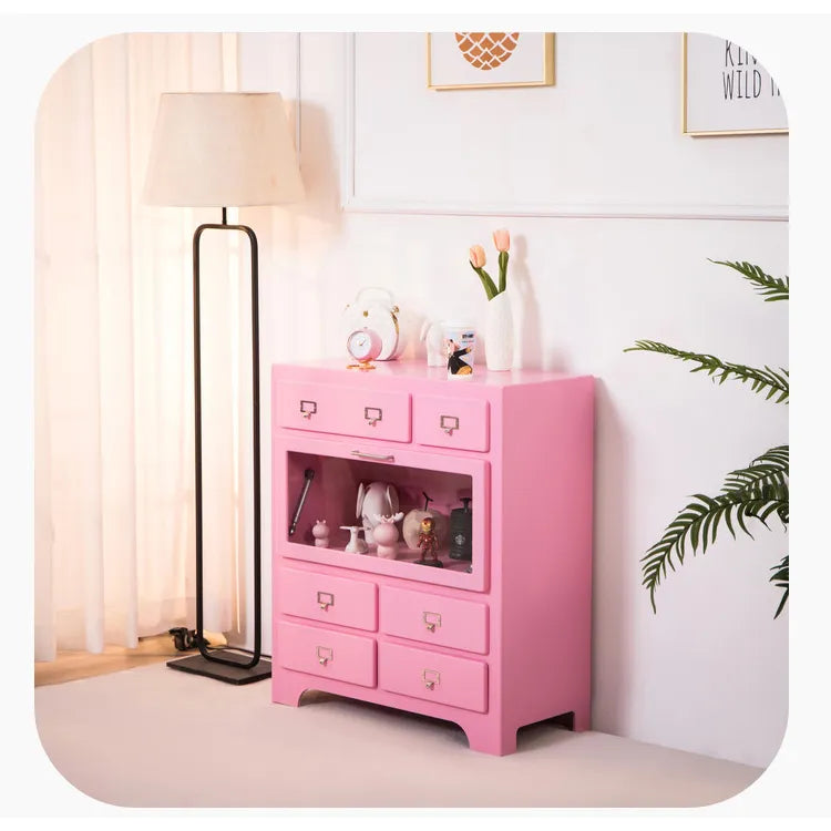 Stylish Candy Colors Solid Wood Cabinet with Tempered Glass Display Shelves hyj-2298