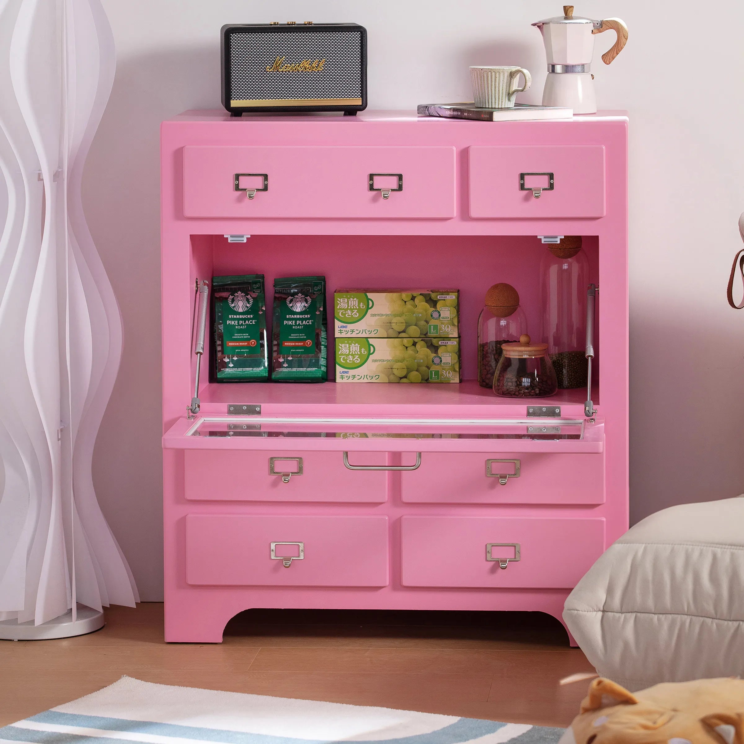 Stylish Candy Colors Solid Wood Cabinet with Tempered Glass Display Shelves hyj-2298