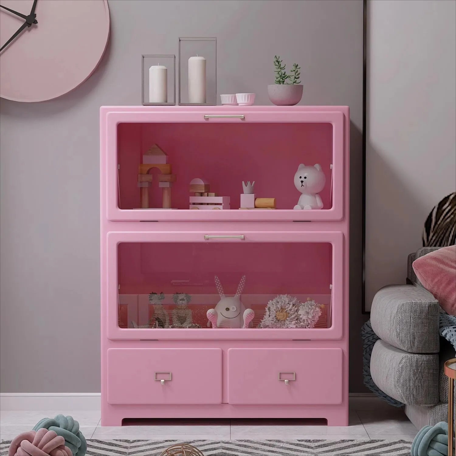 Stylish Candy Colors Solid Wood Cabinet with Tempered Glass Display Shelves hyj-2298