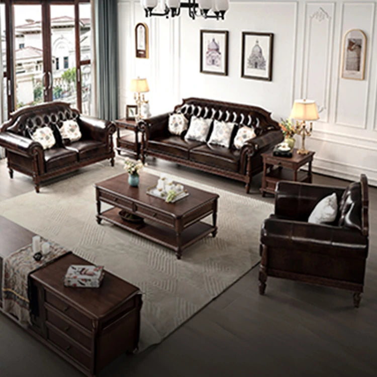 Luxurious Pine Cherry Wood Sofa Set with Premium Leather Upholstery hyjyj-4284