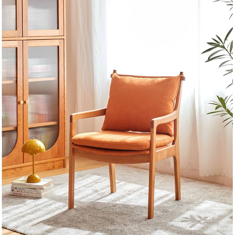 Sleek Mid-Century Modern Chair with Orange, Off-White, and Yellow Leathaire - Natural Oak, Cherry, and Light Brown Wood Finish hykmq-745