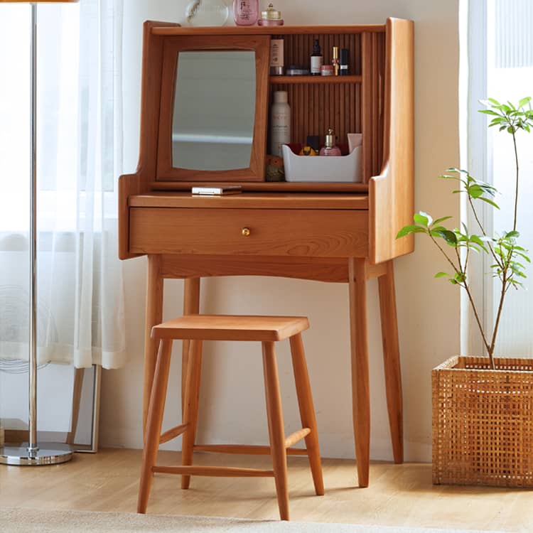 Elegant Cherry Wood Makeup Vanity with Copper Accents & Glass Top hykmq-752