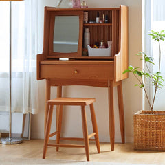 Elegant Cherry Wood Makeup Vanity with Copper Accents & Glass Top hykmq-752