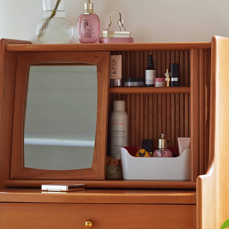 Elegant Cherry Wood Makeup Vanity with Copper Accents & Glass Top hykmq-752